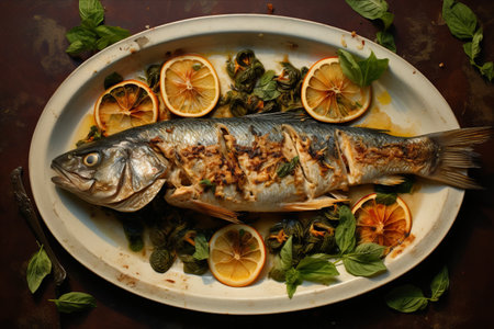 Scrumptious remnants: A tantalizing overhead view of leftover roasted fish on a plate -AR 3:2の素材