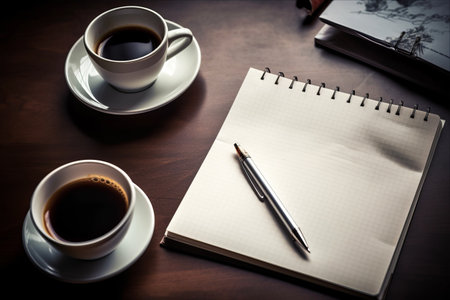The Perfect Set-Up: Notepad, Pen, Cup of Coffee, and Documents -- ar 3:2の素材