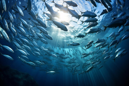 A Mesmerizing Spectacle: A Panoramic Encounter with a School of Fish Embarking on a Unified Journey from the Depthsの素材