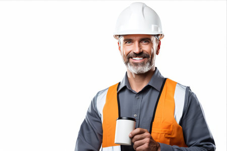 Constructing Success: Smiling Male Builder Foreman, Architect, or Construction Worker on Site with Hard Hat and Coffeeの素材