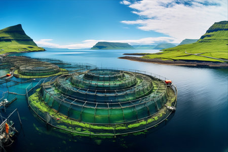 Captivating Aerial Portrait: A Picturesque Fish Farm in Sandavagur Village, Vagar Island, Denmarkの素材