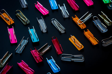 Vibrant Office DÃ©cor: Dynamic Paperclip Collage with Colorful Stickers on Black Canvasの素材