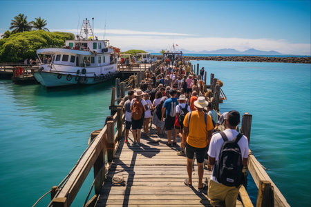 Crowd of Tourists Boarding Boat for Island Hopping Adventure in San Cristobal, Galapagosの素材