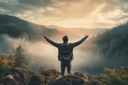 Embracing Freedom: The Wanderer Revels in Enchanting Nature's Embrace Amidst the Hazeの素材