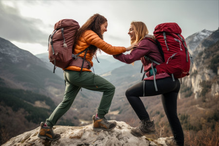 Empowered Women Conquer Challenges amidst Stunning Natural Landscape: A Joyful Hiking Journeyの素材