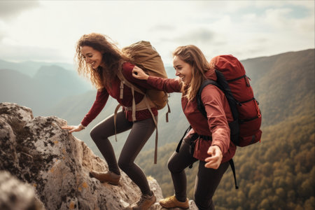 Empowered Female Friends Conquer the Rocky Wilderness: Uniting Fitness, Adventure, and Natural Beauty!の素材