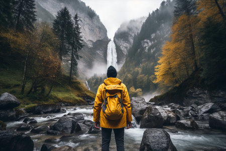 Captivating Switzerland: Adventurous Backpacker Explores Breathtaking Waterfall in a Vibrant Yellow Jacketの素材