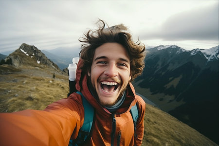Capturing Joy and Adventure: Nature-Loving Young Man Embraces Mountains with a Selfieの素材