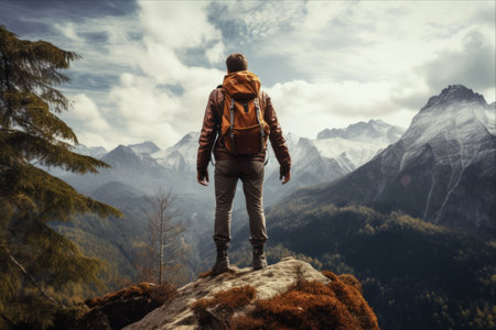 Exploring Serene Heights: A Young Man Embracing the Thrills of Mountain Hikingの素材