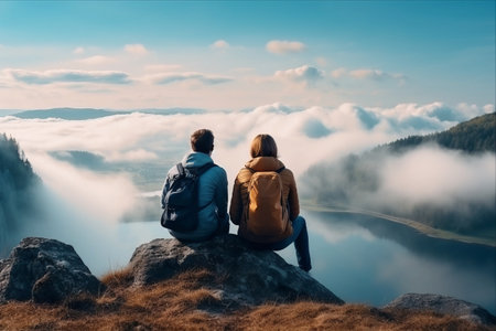 Exploring the Beauty Together: A Loving Couple on an Enthralling Mountain Adventureの素材