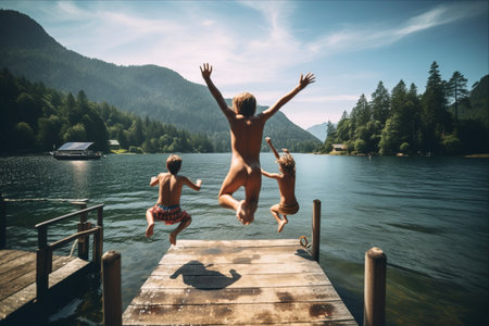 Joyful Moments: Unleashing Summer Excitement with Friends at a Serene Mountain Lakeの素材
