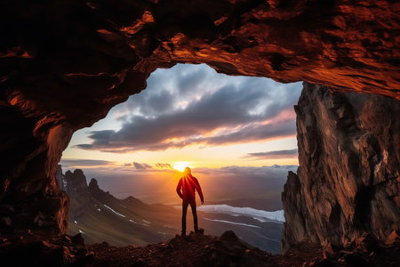 Unveiling the Hidden Wonders: Exploring the Enchanting Cave Journey Amidst the Breathtaking Russian Sunset in the Caucasus Mountainsの素材