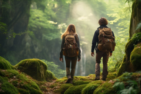 Journey into Nature's Serenity: Adventurous Young Hikers Explore the Enchanted Forestの素材