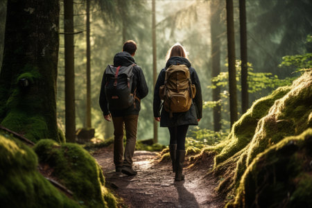 Journeying into Nature's Embrace: Adventurous Young Hikers Trekking through the Enchanting Forestの素材