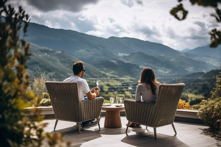 Romantic Bliss: A Beautiful Couple Savoring Coffee on a Picturesque Mountain Terraceの素材
