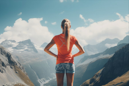 Revitalizing Moments: A Stunning Mountain Escape with a Sportswoman Embracing Nature's Refreshing Breathの素材