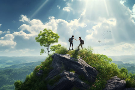 Unforgettable Adventure: A Joyful Couple Scaling New Heights Amidst Lush Hills and Natureの素材
