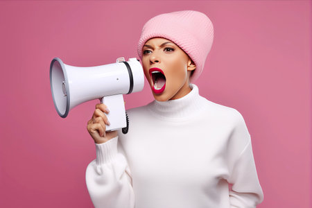 Powerful Proclamation: Captivating Female Unleashes Important Announcement through Megaphoneの素材