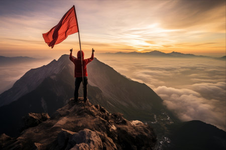 The Majestic Flagbearer: A Climber's Triumph Overlooking Mount Sumbing, Indonesiaの素材