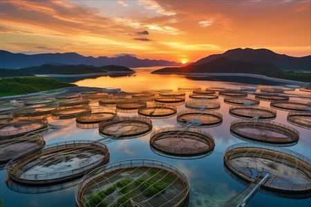 Vibrant Sunset Serenity: A Panoramic View of Aquaculture and Power Plants Amidst Nature's Beauty in Southeast Asiaの素材
