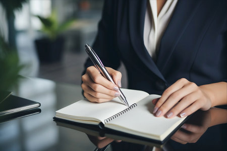 Efficient Businesswoman Strategizing: A High Angle View of Note-Taking in Preparation for a Crucial Meetingの素材