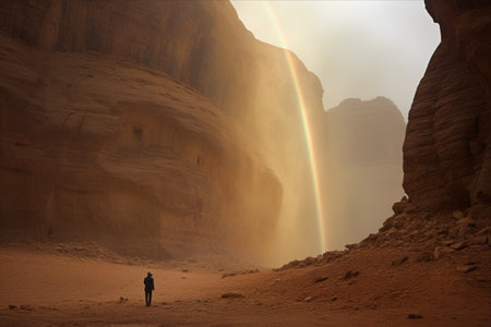 A Majestic Encounter: Traditional-Clad Man Witnesses a Dust Devil Dance through the Rainbow Rock Arch in Alula, Saudi Arabiaの素材