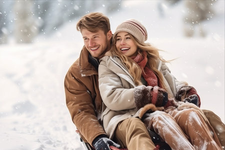 Capturing Happiness: Enchanting Winter Adventures of a Loving Young Couple Sledging Down Mountain Slopesの素材