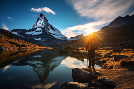 Majestic Sunrise: A Hiker's Reflections on the Matterhorn at Riffelsee Lake, Zermatt, Switzerlandの素材