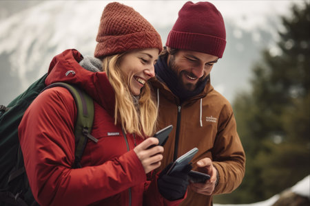Winter Adventures: Enthusiastic Young Couple Embracing and Sharing Laughter on Mountain Camp, Captivated by Smartphoneの素材