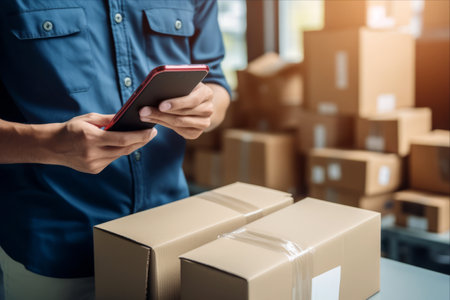 Efficiently managing deliveries: A man in casual clothes multitasks with pen, clipboard, and mobile phone amidst a backdrop of packaged cardboard boxesの素材