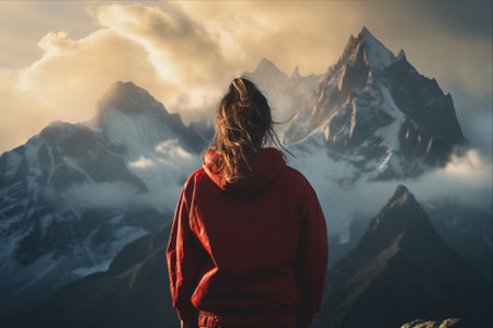 The Majestic Serenity: A Girl Amidst Mountain Peaks -- AR 3:2の素材