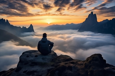 Solitary Hiker on the Summit: A Breathtaking Dawn in the Mountainsの素材