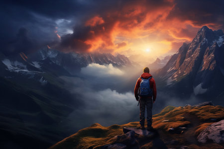 Serenity at Dawn: A Hiker's Journey through Majestic Mountain Landscapesの素材