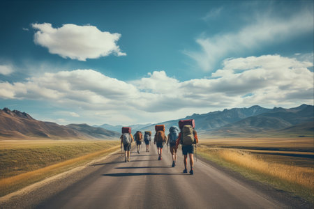 Journeying Amidst Majestic Mountains: Backpackers Trekking alongside a Scenic Roadの素材