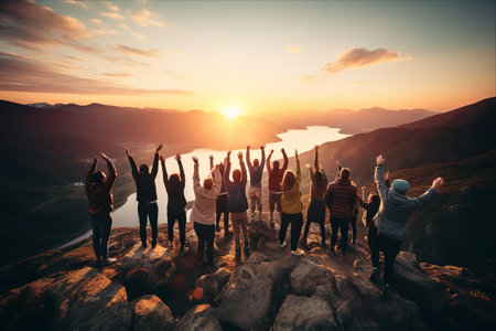Triumph at Twilight: Adventurous Expedition of a Joyful Crowd on Mountain Peakの素材