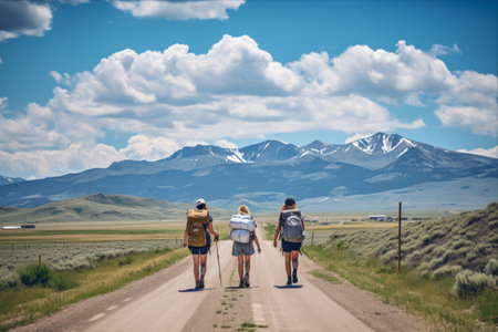 Journeying across Majestic Landscapes: Adventurers Trekking along the Mountain Pathの素材