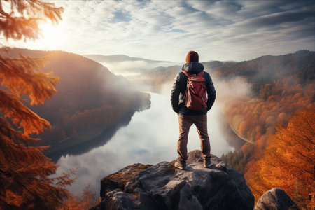 Majestic Views: A Hiker's Perspective on a Misty Autumn Morning Above the Valleyの素材