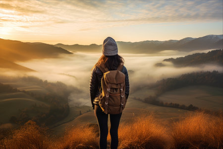 Enchanting Autumn Hiking Adventure: A Sporty Young Woman in a Green Valley of Fog on a Mountain Peakの素材