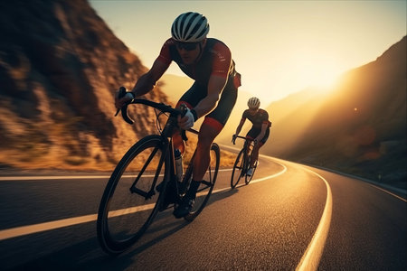 Thrilling Morning Showdown: Cyclist Athletes Speed Through Mountain Road in Intense Cycling Competition!の素材