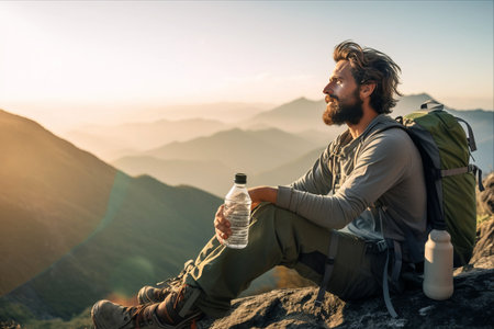 Embracing the Serenity: A Hipster Journey to Mountain Peaks, Basking in Sunrise's Glow with a Refreshing Sipの素材