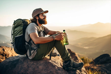 Adventurous Sunrise Serenade: A Hipster Traveler's Active Escape on the Mountain Topの素材