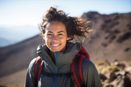 Exploring Volcano Teide: Happy Smiling Female Hiker Conquering Tenerife's Trailsの素材
