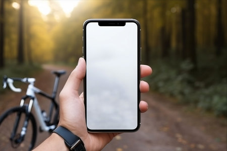 Exploring Nature with a Mockup Smartphone: Cyclist Captures the Essence of Outdoor Adventures AR 3:2の素材