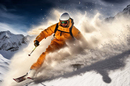 Flight of the Daredevil: Orange Triggered Skier Soars Over Mount Elbrus in Winter Extreme Sports Adventureの素材