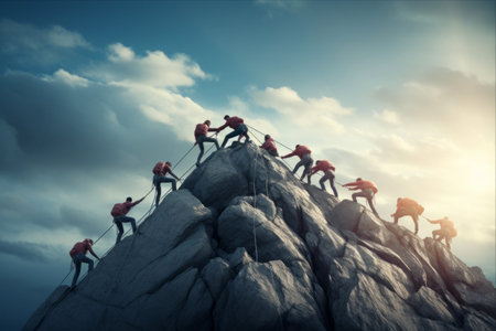 Triumphant Teamwork: Group of Climbers Conquering the Summitの素材