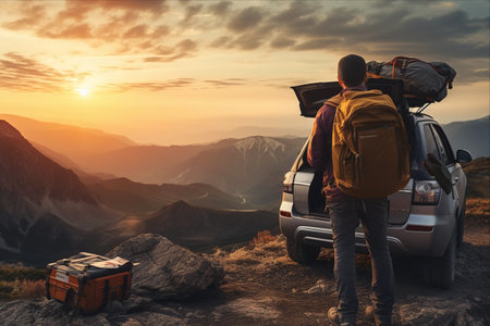 Adventure Unfolded: Exploring the Mountainscape in an Off-Road SUV while Mapping the Route at Sunsetの素材
