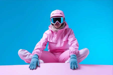 Winning the Slopes: Beautiful Snowboarder in Blue Suit Triumphantly Celebrates Victory on Pink Backgroundの素材