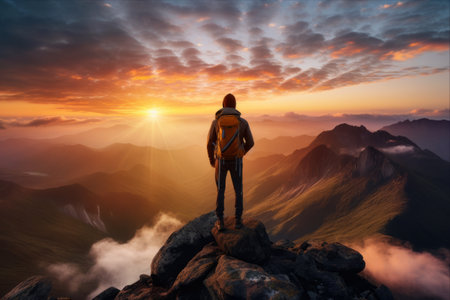 Peak Serenity: A Hiker's Bliss Atop the Mountain with Sunrise Splendorの素材