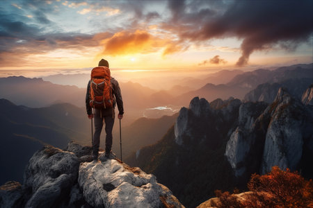 Rising Sun Adventure: Backpacker Conquering a Rock Cliff in the Majestic Mountainsの素材