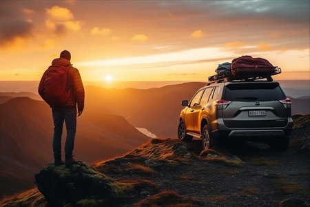 Mesmerizing Sunset Trek: Adventurous Hiker Explores the Mountains with his All-Terrain SUVの素材